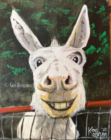 Keep Smiling’ Art Print by Ken Keegan. Gold Camp Artists know how much everyone loves the donkeys who live in the area and roam free in summer.